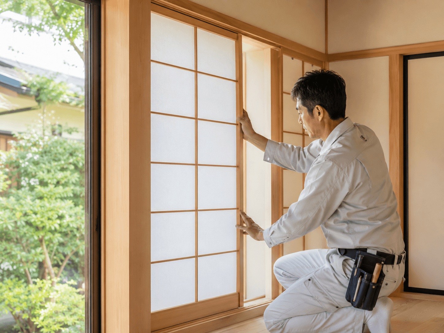 埼玉の障子職人が障子を建て込む施工風景