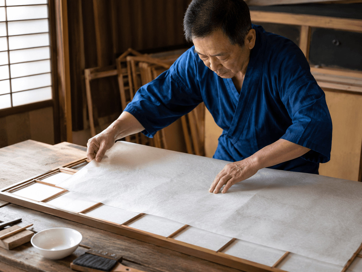 障子職人が障子枠に紙を貼る丁寧な作業